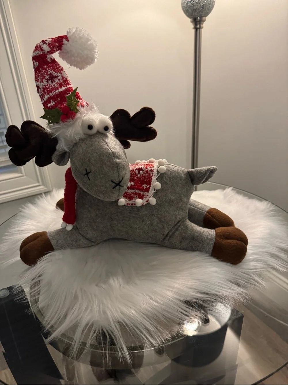 Gray Plush Holiday Moose with Red Knit Hat
